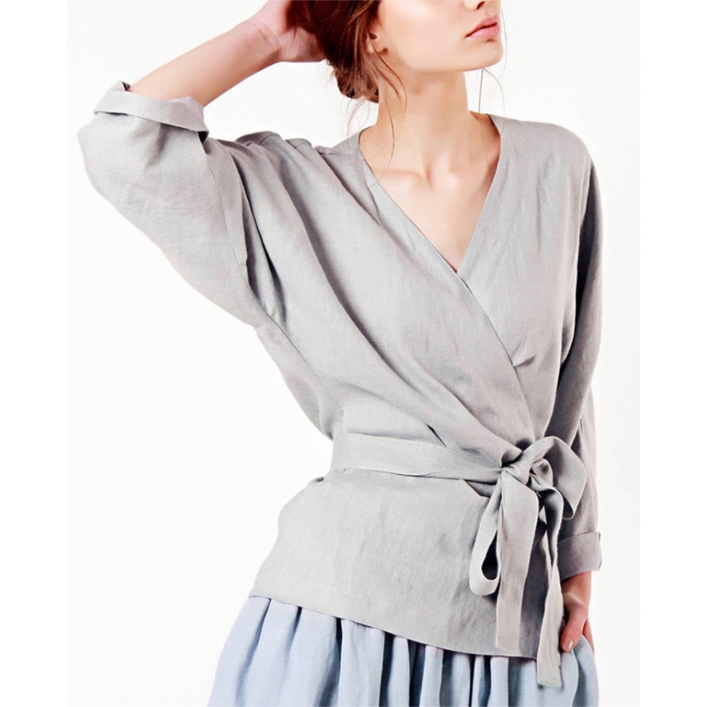 Brand new Linen Handmade Studio Roma wrap top, large, light gray.